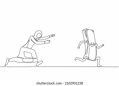 Continuous one line drawing Arabic businesswoman or manager running and chasing after run away money. Concept of money obsession, impatient, greedy. Single line draw design vector graphic illustration