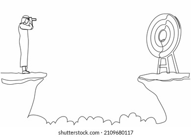 Continuous one line drawing Arabic businessman standing on cliff with binoculars in hand. Business target goals concept. Businessman focus to successful. Single line design vector graphic illustration
