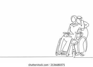Continuous one line drawing Arabic woman sitting in wheelchair while husband standing behind and hugging her. Man supporting wife during rehabilitation. Relationship concept. Single line design vector