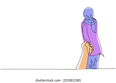 Continuous one line drawing Arabic girl leads guy's hand. Take my hand. Woman walking on romantic honeymoon holidays holding hand of husband following her. Single line draw vector graphic illustration