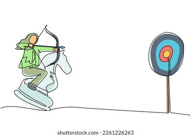 Continuous one line drawing Arabic businesswoman holding archery aiming target while riding chess knight piece, strategic concept. Success business manager. Single line draw design vector illustration