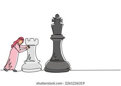 Continuous one line drawing Arabic businessman push huge rook chess piece. Business strategy and marketing plan. Strategic move in business concept. Single line draw design vector graphic illustration