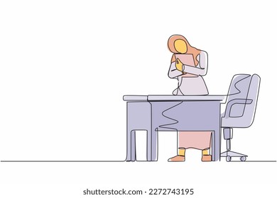 Continuous one line drawing Arabic businesswoman hugging laptop at office. Love to computer concept. Emotional female. Human emotions, facial expression concept. Single line draw design vector graphic