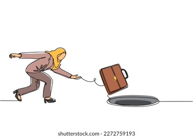 Continuous one line drawing Arabic businesswoman throws briefcase into hole. Failure to take advantage of business opportunities. Depressed and business failure concept. Single line draw design vector
