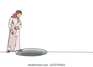 Kontinuierlich eine Linie zeichnen arabische Geschäftsmann Blick auf Loch. Der Mensch, der sich über das große Loch wundert, das Geschäftskonzept in Chancen, Erforschung oder Herausforderung. Vektorgrafik für Einzeilenzeichnen