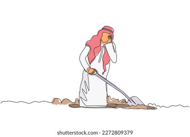 Continuous one line drawing Arabic businessman wipes sweat on his forehead while digging hole. Worker never give up to finish his job. Work hard concept. Single line design vector graphic illustration