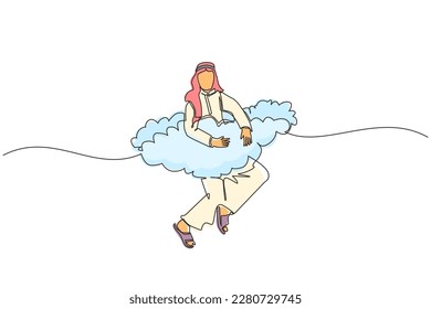 Kontinuierlich eine Linie zeichnen arabische Geschäftsmann hängt in Wolken. Hoffen auf Erfolg, finanzielle Freiheit, gewinnen Business-Projekt, Errungenschaft Konzept. Vektorgrafik-Illustration mit Einzelzeilenzeichnung