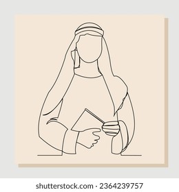 Continuous one line drawing of arabic man holding holy quran book. Ramadan kareem and eid mubarak greeting card single line art concept. Vector illustration.