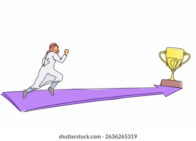 Continuous one line drawing Arabic businessman running to golden trophy. Business direction and mission vision. Goal, success, development, victory. Single line draw design vector graphic illustration