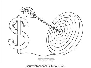 Continuous one line drawing of archery target with dollar sign, financial goal concept, single line design vector illustration.	
