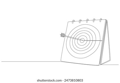 Dibujo continuo de una línea de tiro con arco en el calendario de escritorio con diana fue filmado por flecha, concepto de meta de negocio mensual, arte de una sola línea.