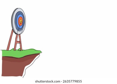 Continuous one line drawing archery target ring without arrows hitting bullseye on cliff. Dartboard on tripod. Goal achieving concept. Business success strategy symbol. Single line draw design vector