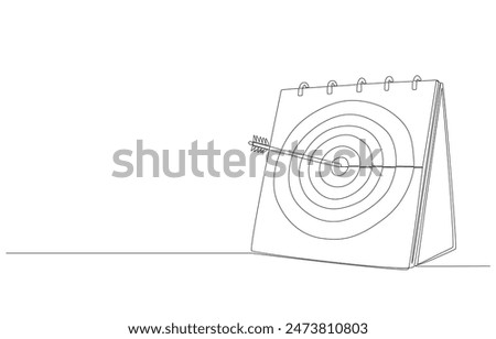 Continuous one line drawing of archery target on desk calendar with bullseye was shot by arrow, monthly business goal concept, single line art.
