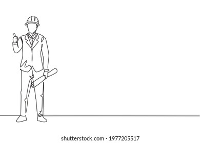 Continuous one line drawing architect stood with a thumbs-up gesture and wearing a helmet carrying a blueprint for the building's work plan. Single line draw design vector graphic illustration.