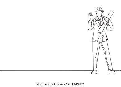 Continuous one line drawing architect stood with gesture okay and wearing helmet carrying blueprint for the building's work plan. Success business. Single line draw design vector graphic illustration