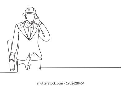 Continuous one line drawing architect with call me gesture and wearing helmet carried building construction drawing paper. Success business concept. Single line draw design vector graphic illustration