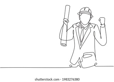 Continuous one line drawing architect with celebrate gesture and wearing helmet carried building construction drawing paper. Successful business. Single line draw design vector graphic illustration