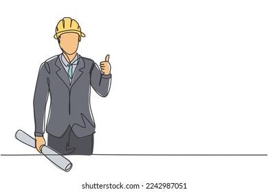 Continuous one line drawing the architect with a gesture of raising his thumb and wearing a helmet carried a building construction drawing paper. Single line draw design vector graphic illustration.