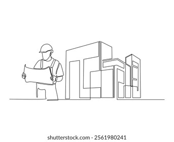 Continuous one line drawing of architect with blueprint paper and modern house real estate. Building and contractor, engineer, worker concept. Editable line vector.