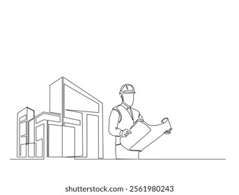 Continuous one line drawing of architect with blueprint paper and modern house real estate. Building and contractor, engineer, worker concept. Editable line vector.