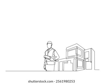 Continuous one line drawing of architect with blueprint paper and modern house real estate. Building and contractor, engineer, worker concept. Editable line vector.