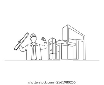 Continuous one line drawing of architect with blueprint paper and modern house real estate. Building and contractor, engineer, worker concept. Editable line vector.