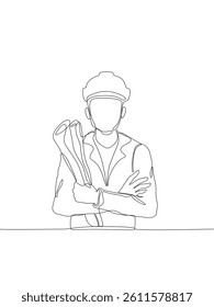 Continuous one line drawing of an architect or engineer wearing a safety helmet and holding blueprints. Minimalist single line art style. Vector Editable stroke
