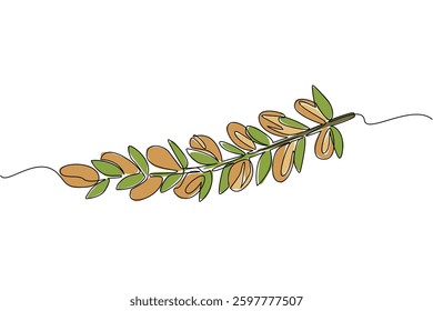 Continuous one line drawing Argania seeds lined up on branches with leaves. Plant preparations that can moisturize the skin. International Day of Argania. Single line draw design vector illustration