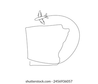 Continuous one line drawing of Arkansas map with airplane. Arkansas - America map combined with airplane simple outline vector illustration. Editable stroke.