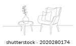 Continuous one line drawing of armchair and table with vase with plant. Scandinavian stylish furniture in simple Linear style. Doodle vector illustration