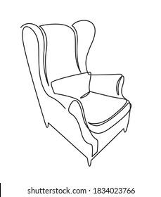 Continuous One Line Drawing Armchair. Stylish Living Room Interior, Chair Vector Hand Drawn Silhouette Clipart. Sketch Of Scandinavian Furniture Design