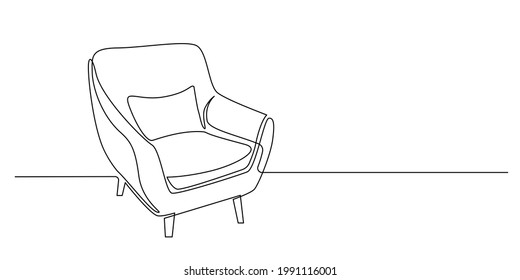 Continuous one line drawing of armchair with pillow. Modern furniture in simple Linear style. Doodle vector illustration