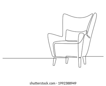 Kontinuierliche Zeichnung einer Linie von Sessel. Moderner Stuhl im linearen Stil. Interieur Möbel handgezeichnet Bild Silhouette. Vektorgrafik