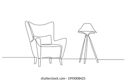 Continuous one line drawing of armchair and floor lamp. Office chair in Linear style. Modern interior Furniture hand-drawn picture silhouette. Vector illustration