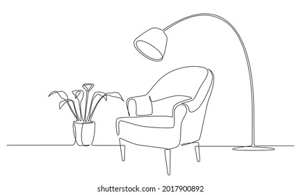 Continuous one line drawing of armchair with lamp and plant. Scandinavian stylish furniture in simple Linear style. Doodle vector illustration