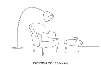 Continuous one line drawing of armchair with table and cup and floor lamp. Scandinavian stylish furniture in simple Linear style. Doodle vector illustration