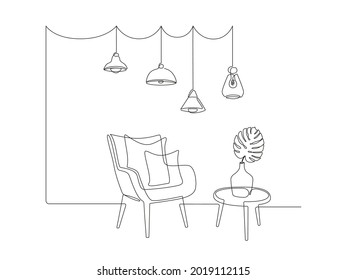 Continuous one line drawing armchair   table and vase and monstera leaf   Hanging pendant Loft lamps  Scandinavian stylish furniture in simple Linear style  Doodle vector illustration