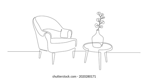 Continuous one line drawing of armchair and table with vase with plant. Scandinavian modern furniture in simple Linear style. Doodle vector illustration