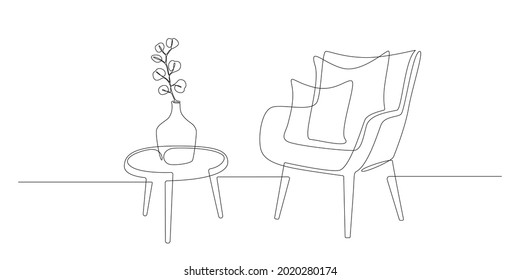Continuous one line drawing of armchair and table with vase with plant. Scandinavian stylish furniture in simple Linear style. Doodle vector illustration
