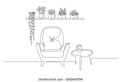 Dibujo continuo de una línea de sillón y estante de pared con macetas y mesa. Mobiliario elegante escandinavo de estilo lineal sencillo. Ilustración del vector Doodle