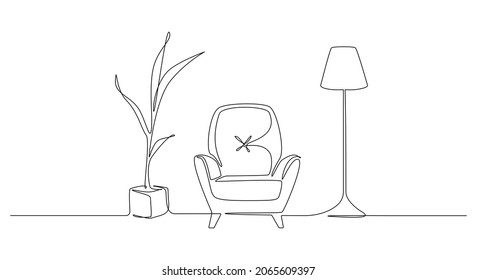 Continuous one line drawing of armchair and lamp and potted plant. Scandinavian stylish furniture in simple Linear style. Doodle vector illustration