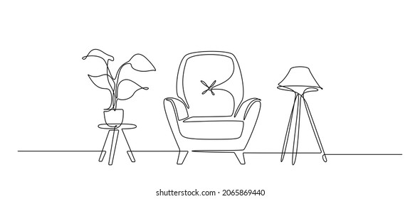 Dibujo continuo de una línea de sillón y lámpara de loft y mesa con maceta. Mobiliario escandinavo moderno de estilo lineal sencillo. Ilustración simple del vector Doodle