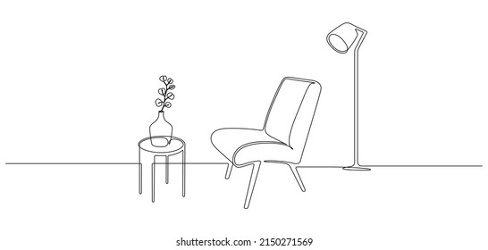 Continuous one line drawing of armchair and table with vase and floor lamp. Scandinavian stylish furniture for living room or hotel concept in simple linear style. Doodle vector illustration