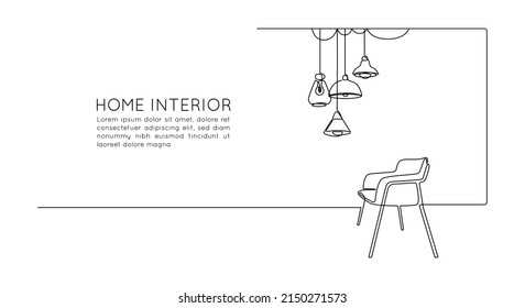 Continuous one line drawing of armchair with hanging loft lamps chandeliers. Scandinavian stylish furniture for living room concept in simple linear style. Editable stroke. Doodle vector illustration