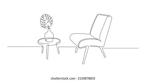 Un plano continuo de una línea de sillón y una mesa con jarrón con hojas de monastera. Mobiliario escandinavo elegante para el concepto de salón o hotel en loft en un estilo lineal simple. Ilustración del vector Doodle