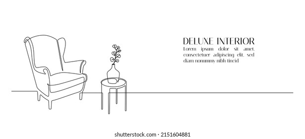 Continuous one line drawing of armchair and table with vase with plant. Vintage stylish furniture for living room or retro hotel concept in simple linear style. Doodle vector illustration