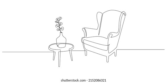 Continuous one line drawing of armchair and table with vase with plant. Vintage stylish furniture for living room or loft hotel concept in simple linear style. Doodle vector illustration