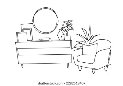 Continuous one line drawing armchair and dresser. Stylish office interior, chair and home plant vector hand drawn illustration. Scandinavian furniture design isolated on white.