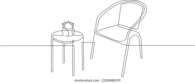 Un plano continuo de una línea de sillón y mesa con jarrón y plantas. Mobiliario elegante escandinavo de estilo lineal sencillo. Ilustración del vector Doodle