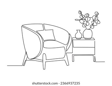 Continuous one line drawing of armchair and with potted plants. Scandinavian stylish furniture in simple linear style. Vector illustration